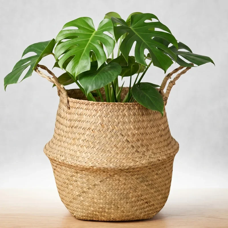 Handwoven Wicker Plant Basket With Handle Foldable Straw Planter Holder Boho Floor Display For Home Table Decor Living Room Gift