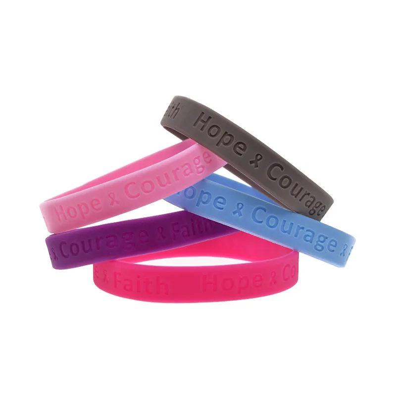 50 Pcs Debossed Hope Courage Faith Mixed Text Assortment Silicone Bracelet Medical Bangle 5 Color