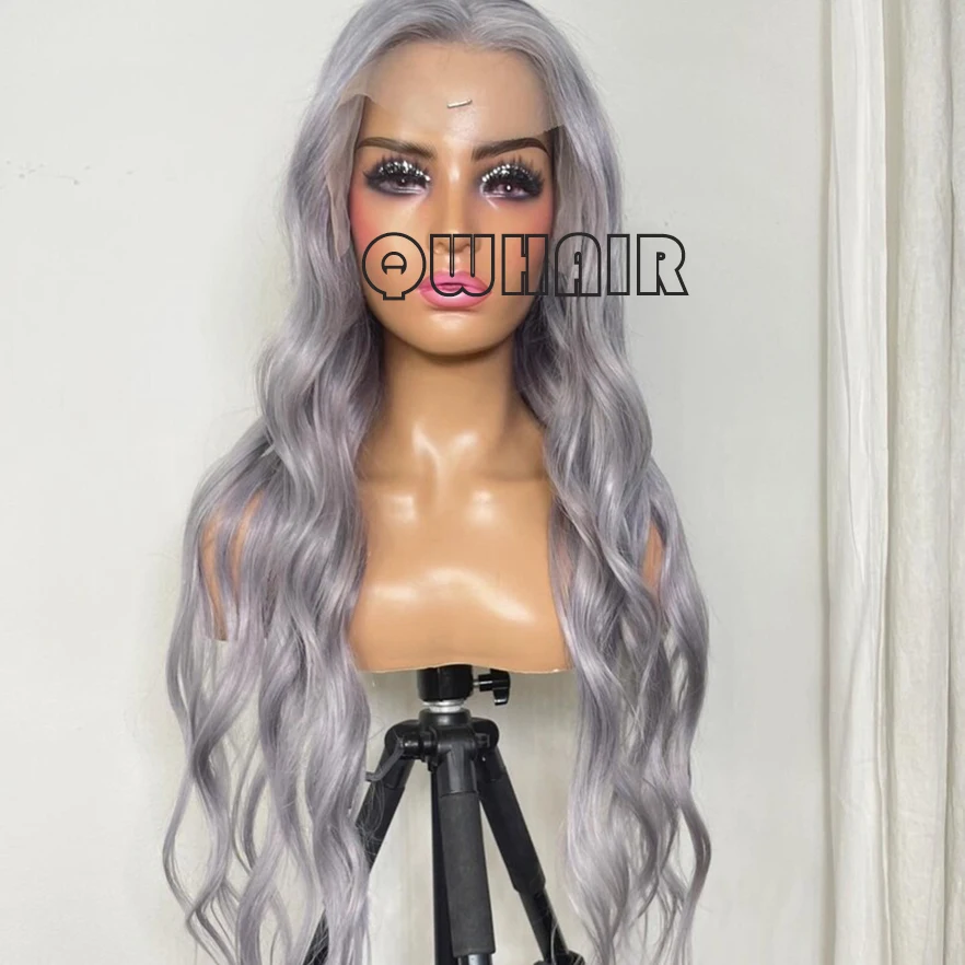 QW Synthetic Hair Light Gray Blonde  Wavy Body Wave Soft 13X4 Lace Front Wig For Women Hair Heat Resistant Fiber Cosplay  Daily