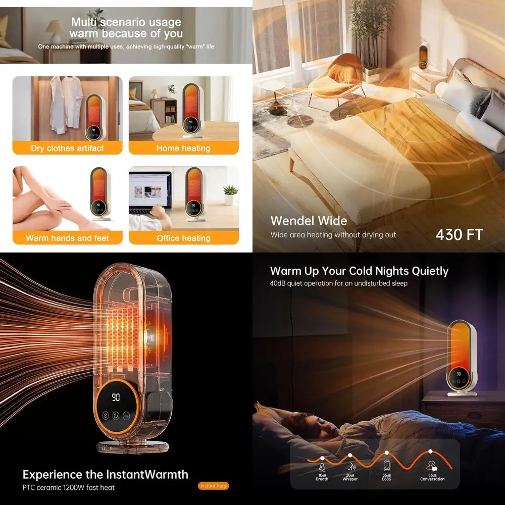 

Энергоэффективный портативный обогреватель для помещений с регулируемым термостатом, керамический нагреватель PTC 1200 Вт, пульт дистанционного управления и таймер (белый)