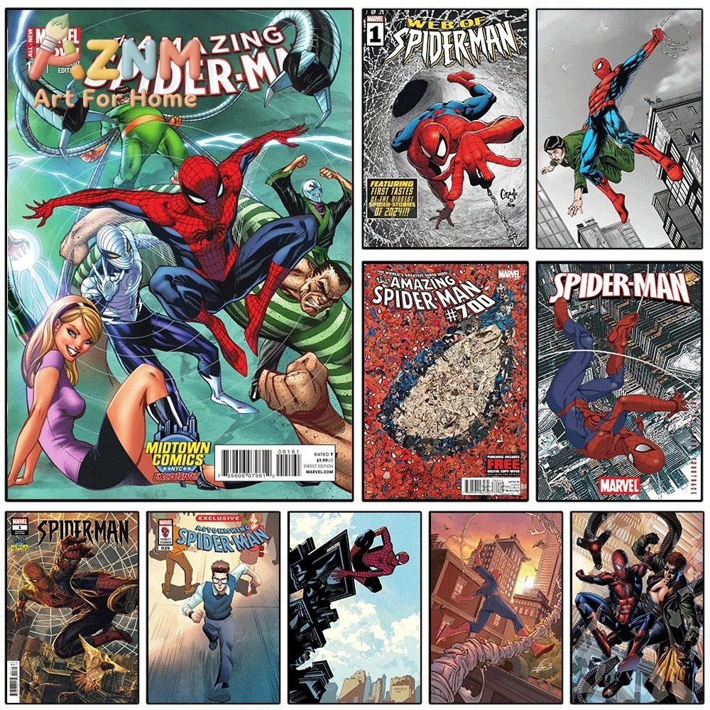 Marvel The Amazing Spider Man With Multiple Villains And Gwen Comic Canvas Wall Art Unframed Canvas Poster Print for Boys Bedr