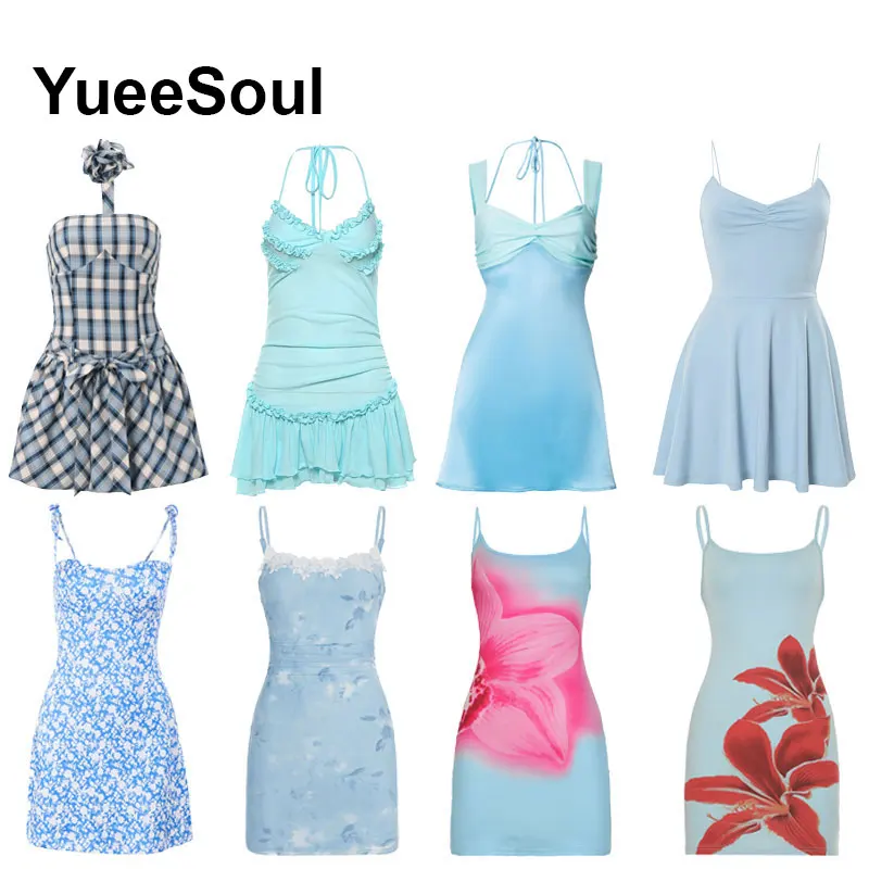 

Синее мини-платье, летнее тонкое сексуальное женское платье без рукавов, новинка 2025 года, милое милое вечернее повседневное платье High Street Y2K