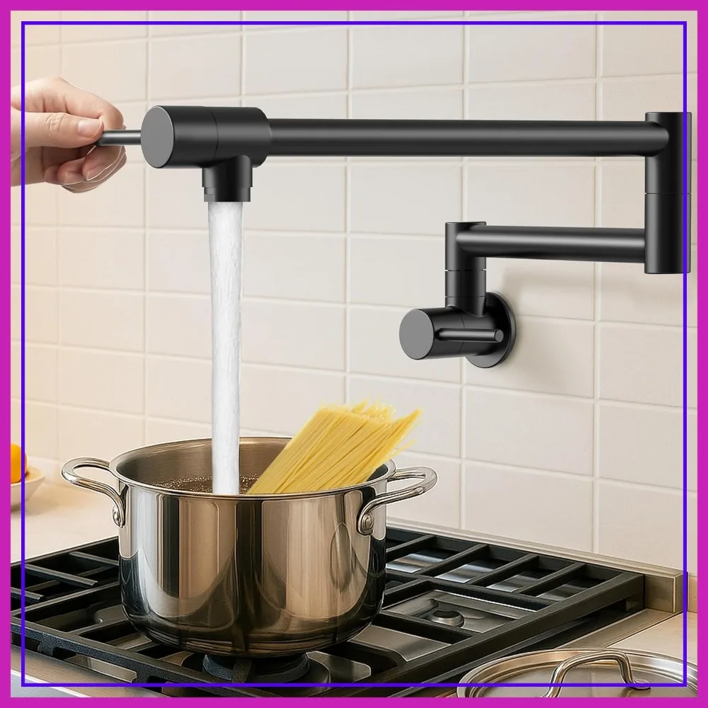 

Pot Filler Faucet with Heat-Resistant Cartridge, 25.6" Over Stove Kitchen Faucet Black, Double Joints Swing Arm Wall Mount, Stainless Steel No Lead