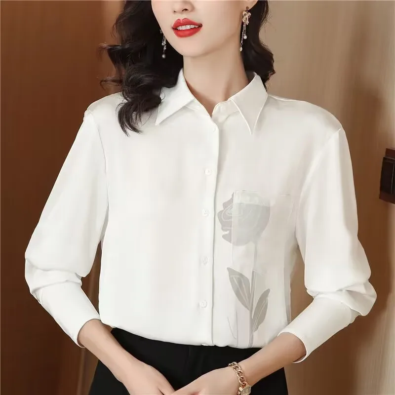 

Spring New Mulberry Silk White Long Sleeve High-End Design Loose Straight