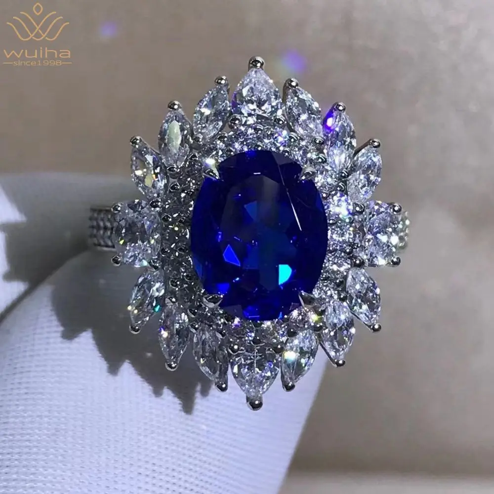 WUIHA Real 925 Sterling Silver Oval 3CT Fancy Vivid Sapphire Created Moissanite Anniversary Ring for Women Gifts Drop Shipping