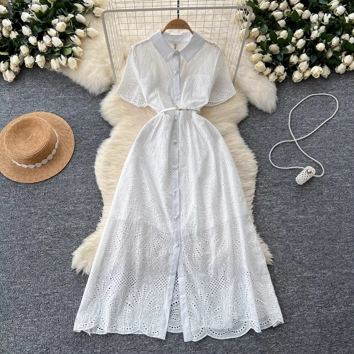 French Chic Summer Embroidery Lace Cotton Shirt Dress Women's Short Sleeve Turn Down Neck Hollow Out Elegant Party Vestidos