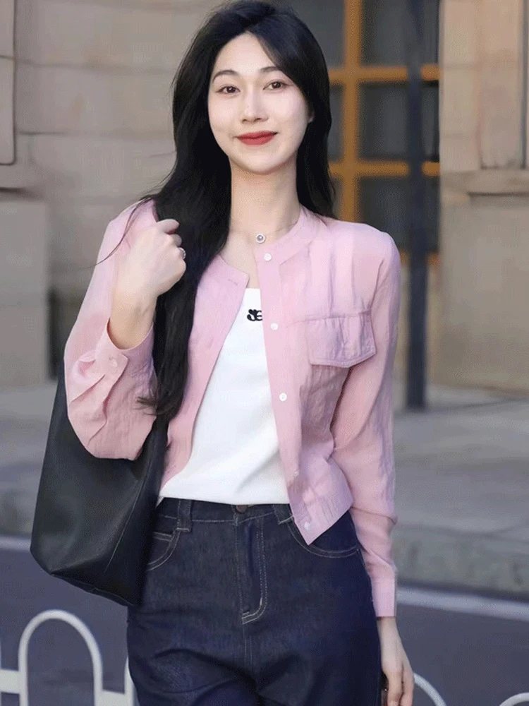 Csa de protección solar, abrigo corto, hoado, fino, de manga larga, cuello redondo, ropa de abrigo de verano para mujer,...