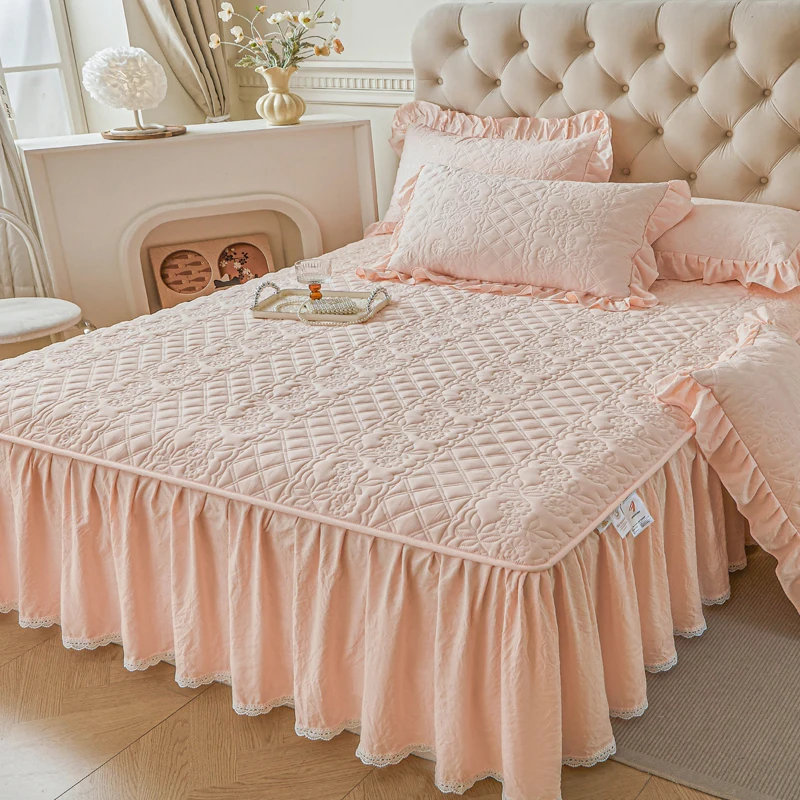 AI WINSURE-Stylish Quilted Bedspread, Queen King Size, Soft Bed Cover, Ruffles Bed Skirt Set, with 2 Pillowcases, Non-slip
