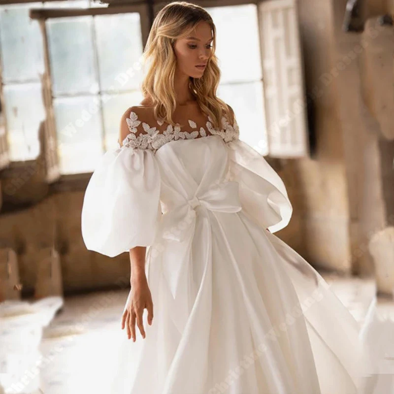 Abiti da sposa Vintage da donna con spalle scoperte maniche a lanterna soffici abiti da sposa a trapezio nuove Appliques di pizzo abiti da sposa