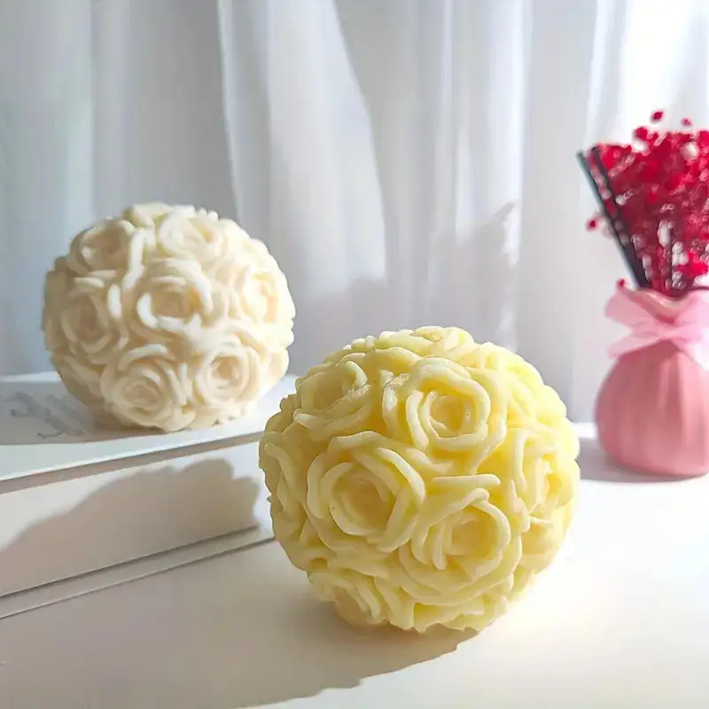 3D Rose Ball Candle Resin Silicone Mold Valentine's Day Silica Gel Mold Arrange The Table Creative Elegant Flower Candle Holder