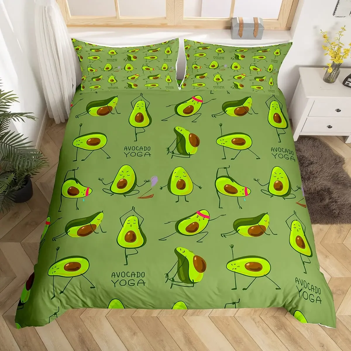 

Fruit Duvet Cover Set, Cute Cartoon Avocado Decor 3 Piece Bedding Set with 2 Pillow Shams, Queen King Full Size, Paprika Green