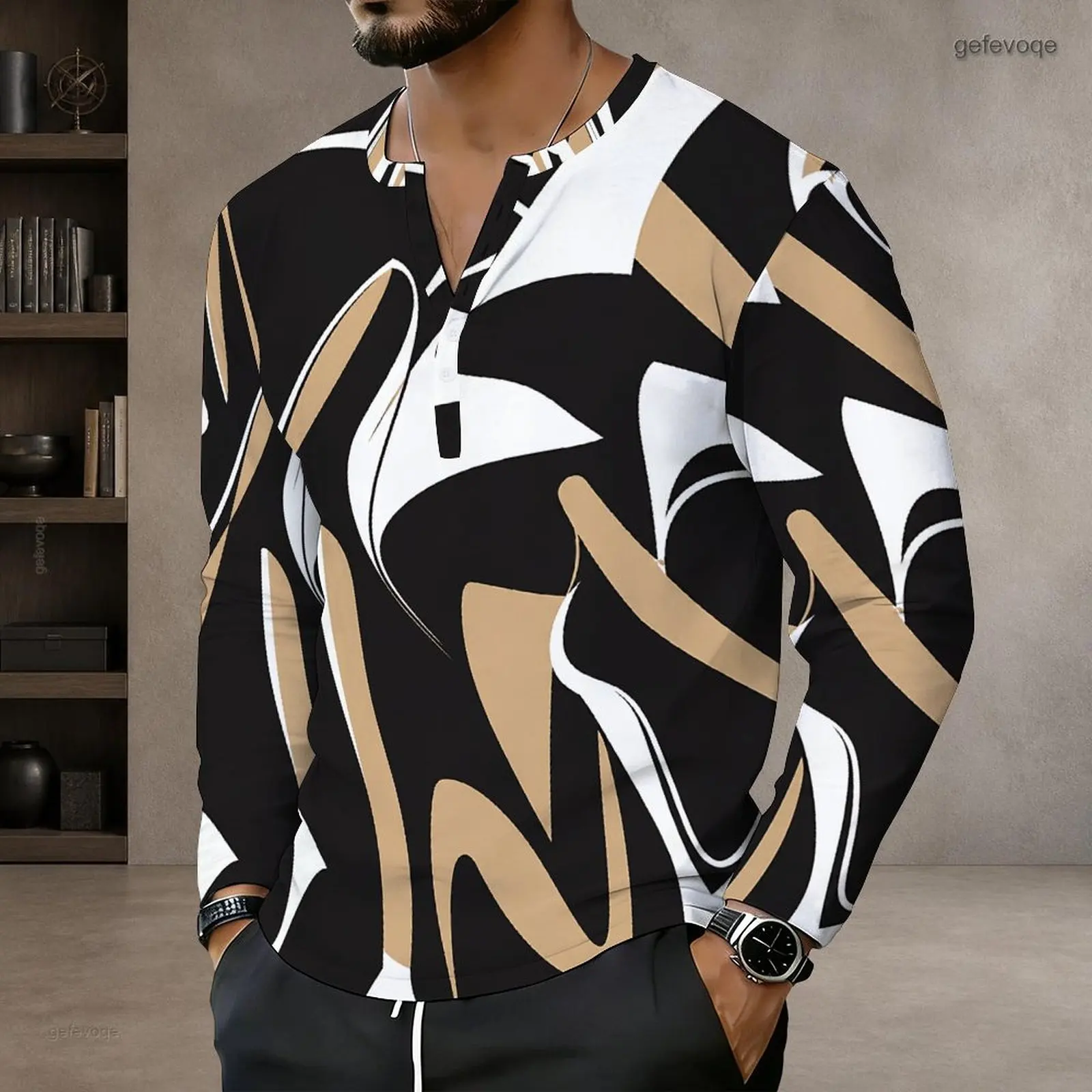 Men Printed Top Notch Neck Long Sleeve Pullover Straight Hem