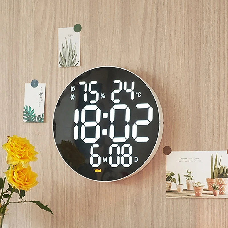 LED Wall Clock Round 3D Large Silent Temperature Humidity Display Digital Wall Clocks with Remote Control Clocks Wall Home Decor