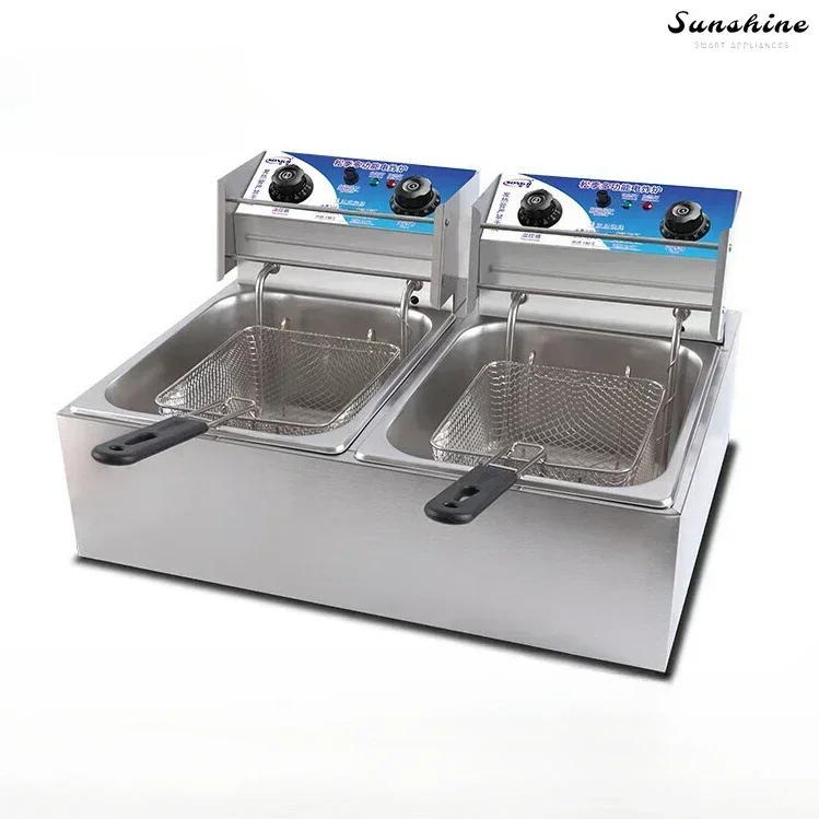 new  electric fryer with large capacity and double cylinder. Used for making French fries and as snack equipment.Commercial