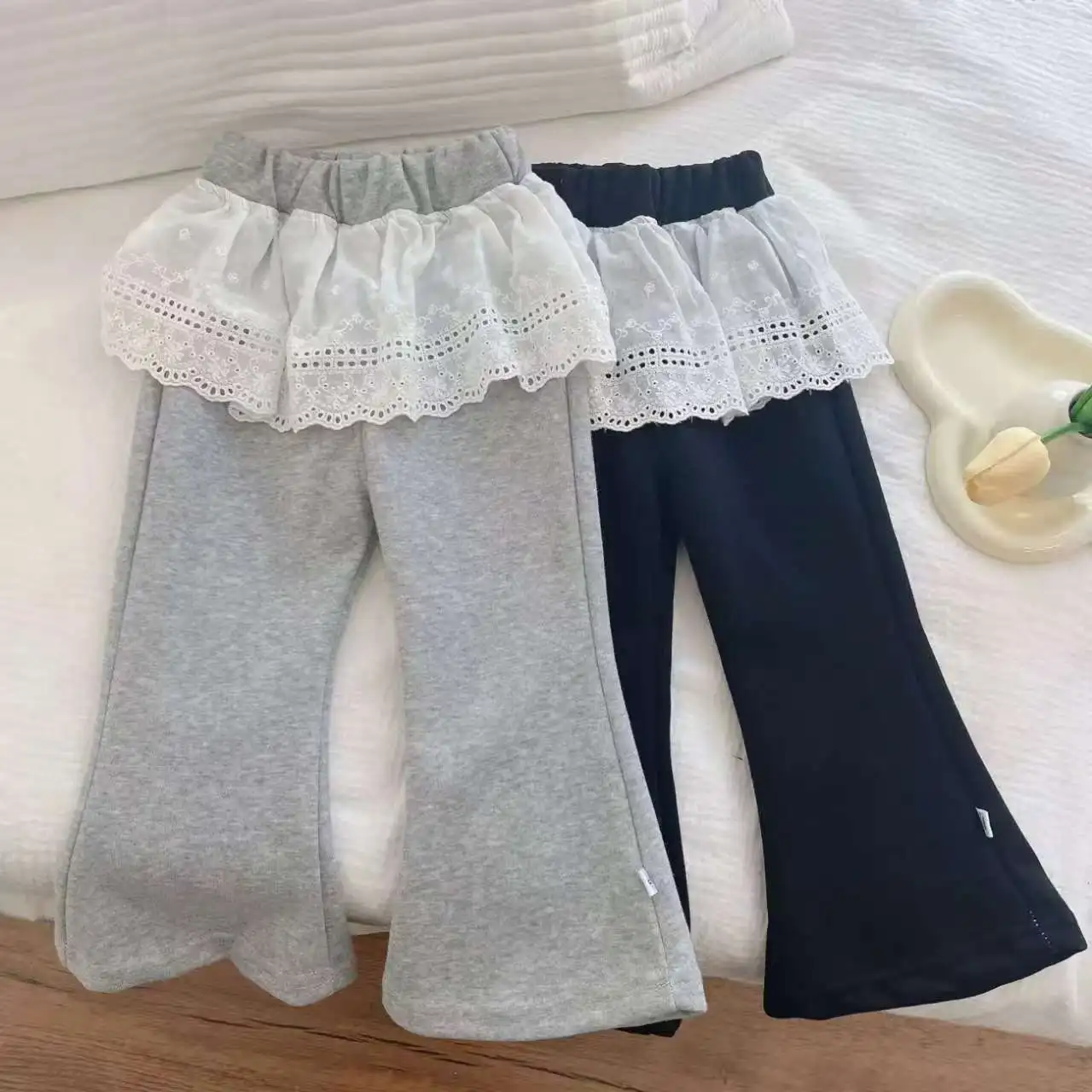 Girls Casual Pants Spring and Autumn Children's Baby Foreign Style Korean Lace Fart Curtain Flared Pants