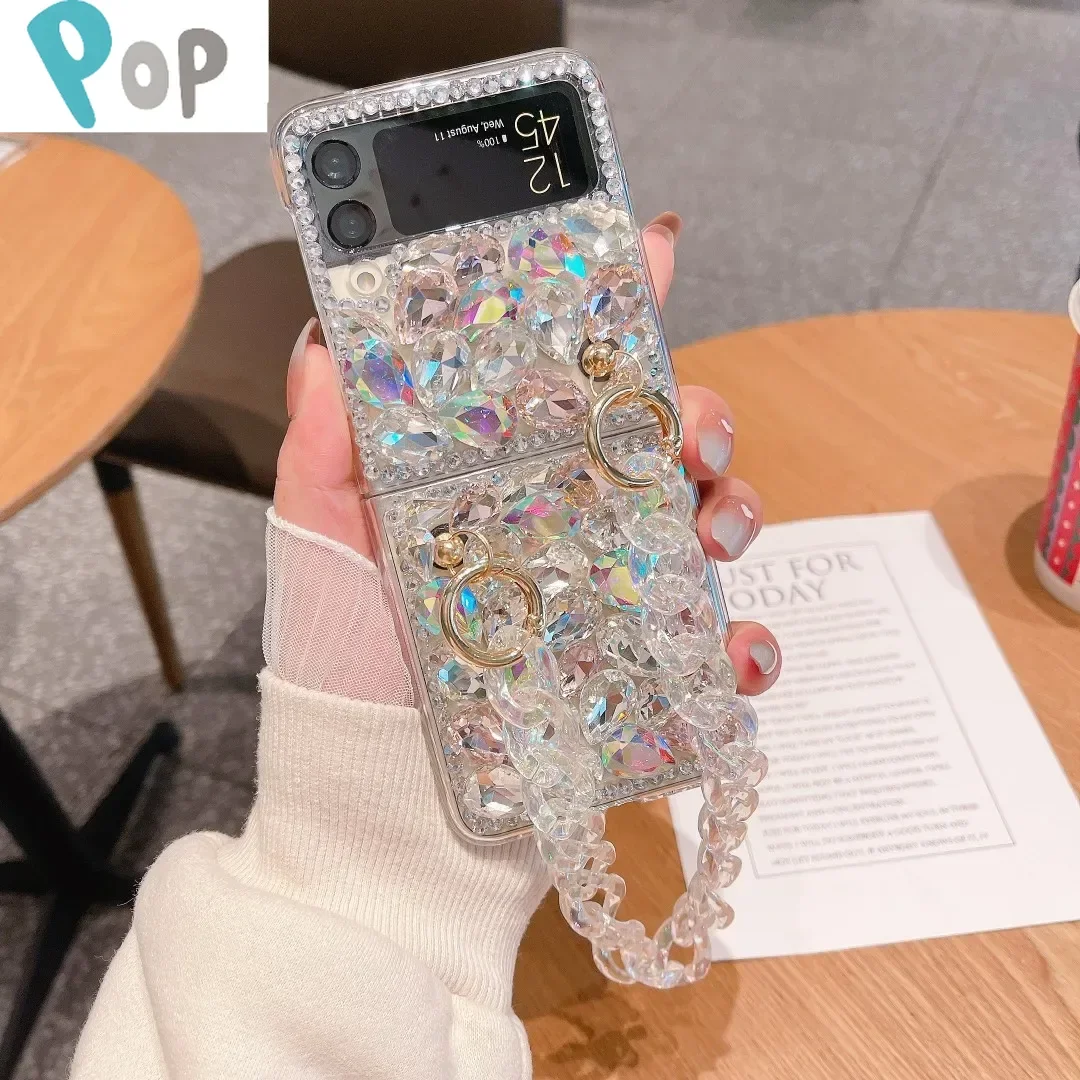 For Samsung Galaxy Z Flip Fold 5 4 3 5G F7110 F7070 Rhinestones Crystal Pearl Crown Flower Wrist Luxury Phone Case Cover