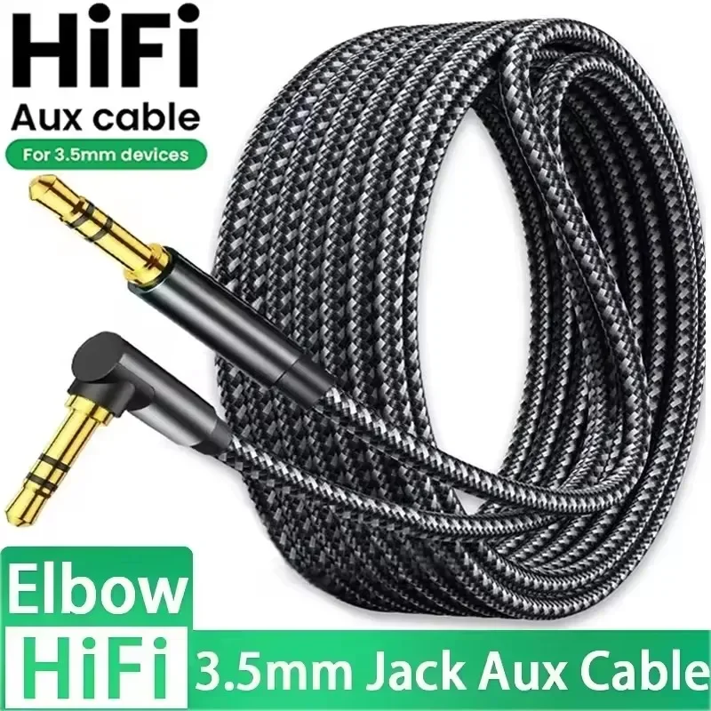 Cable de audio con conector de 3.5mm, conector macho en ángulo de 90 grados a conector macho recto, cable auxiliar HiFi para Samsung S20, auriculares de coche, MP3/4, cable auxiliar.