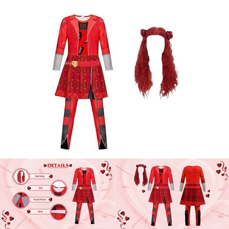 Costume de Princesse Rouge pour Fille, Combinaisons avec Perruque, Tenues d'Halloween, Cosplay, 5-12 Ans
