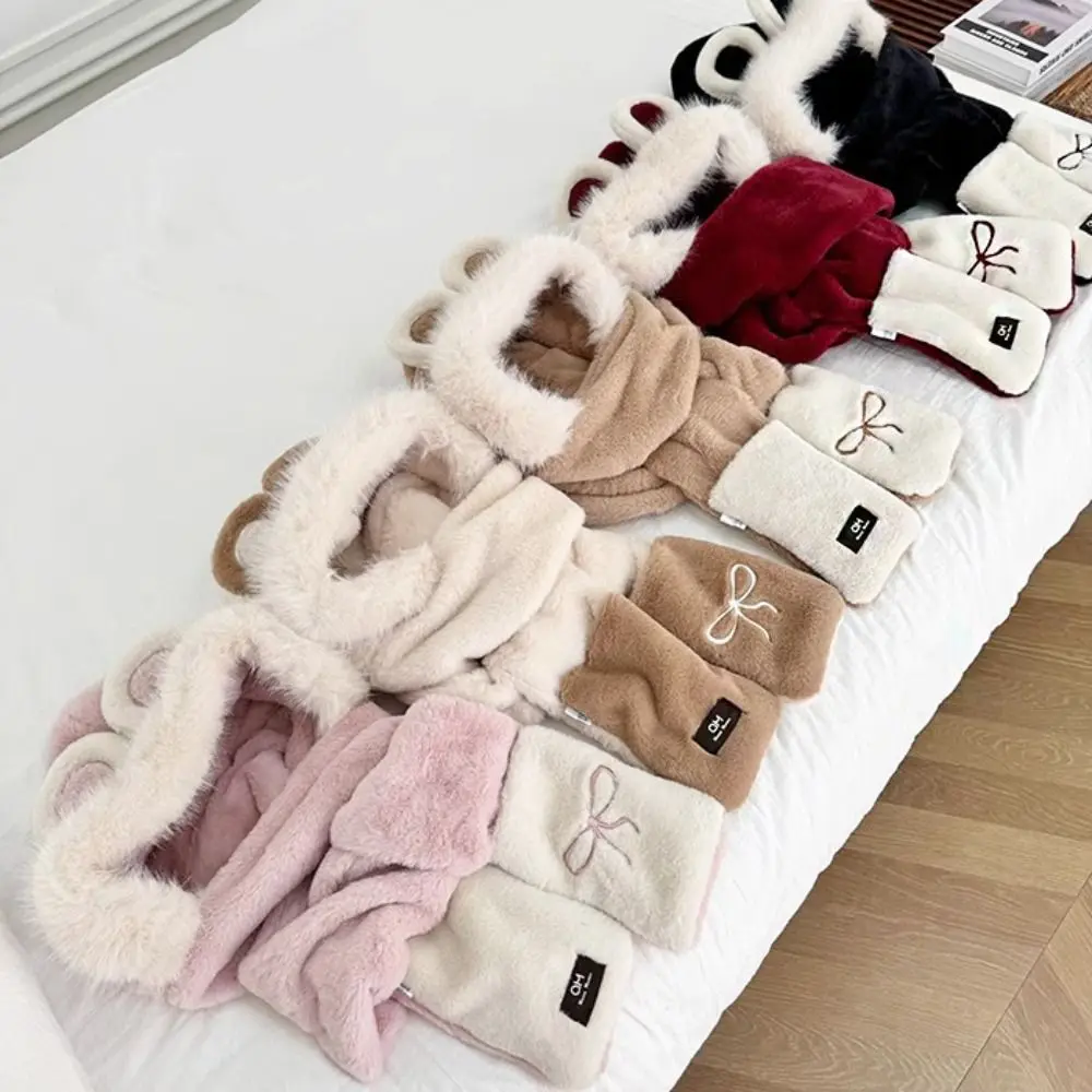 Fashion Cute Bear Ears Plush Hat Embroidery Bow Earmuff Scarf Hat Glove for Women Casual Ski Hat Furry Scarf Cap Set Riding