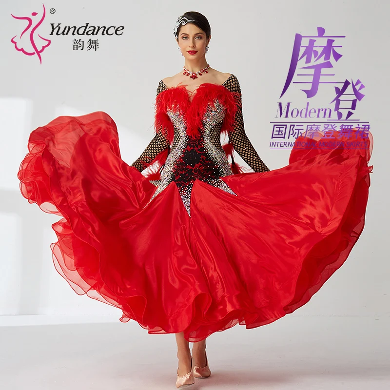 

B-19225 High-end New Coming High Quality Dance Competition Wear Red Ballroom Smooth Dance Dresses With Ostrich Feather For Women