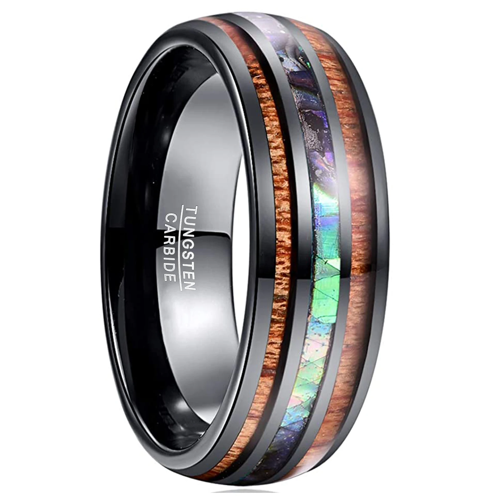 Nuncad Comfort Fit 8mm Natural Acacia Black Wood Ring Opal Tungsten Carbide Ring for Men ring 100% Tungsten carbide T168R