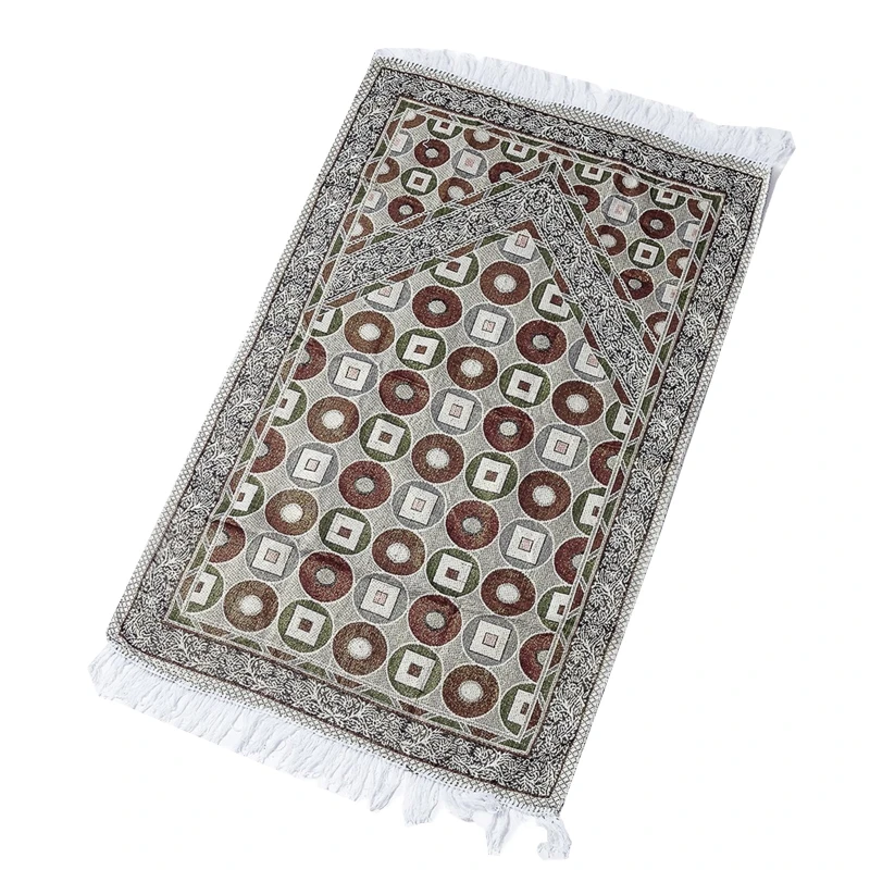 Muslim Cotton Prayer Mat Ethnic Circle Square Patterns Carpet Blanket with Fringe Tassel Lightweight Portable Islamic Kneeling