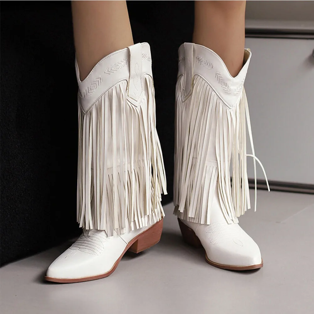 BONJOMARISA Embroidered Retro Fashion Tassels Mid-calf Boots Pointed Toe Chunky Mid Heel Shoes For Women Sewing Stylish Boots