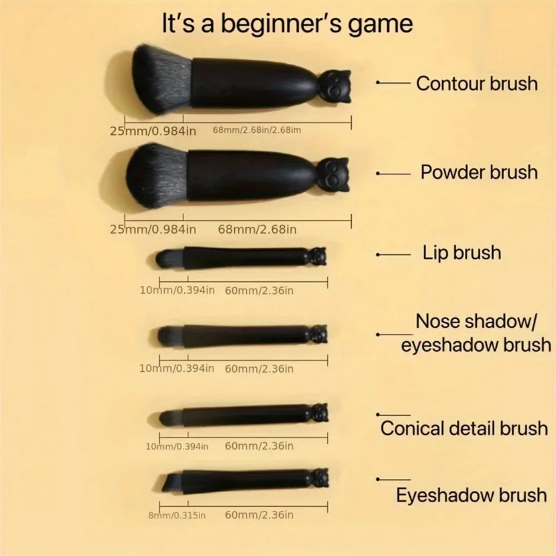 6 pçs mini pincéis de maquiagem de viagem conjunto com espelho caixa de armazenamento de gato conjunto de pincéis de maquiagem de viagem cosméticos pó blush mistura escovas