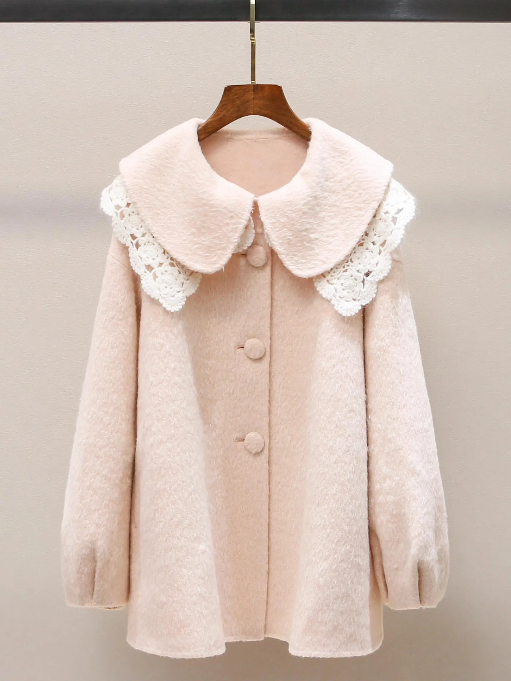 

Sweet Embroidered Princ Sle A-Line Woolen Coat Lantern Sve Doll Collar Long Sve Mid-Length Single Button Closure