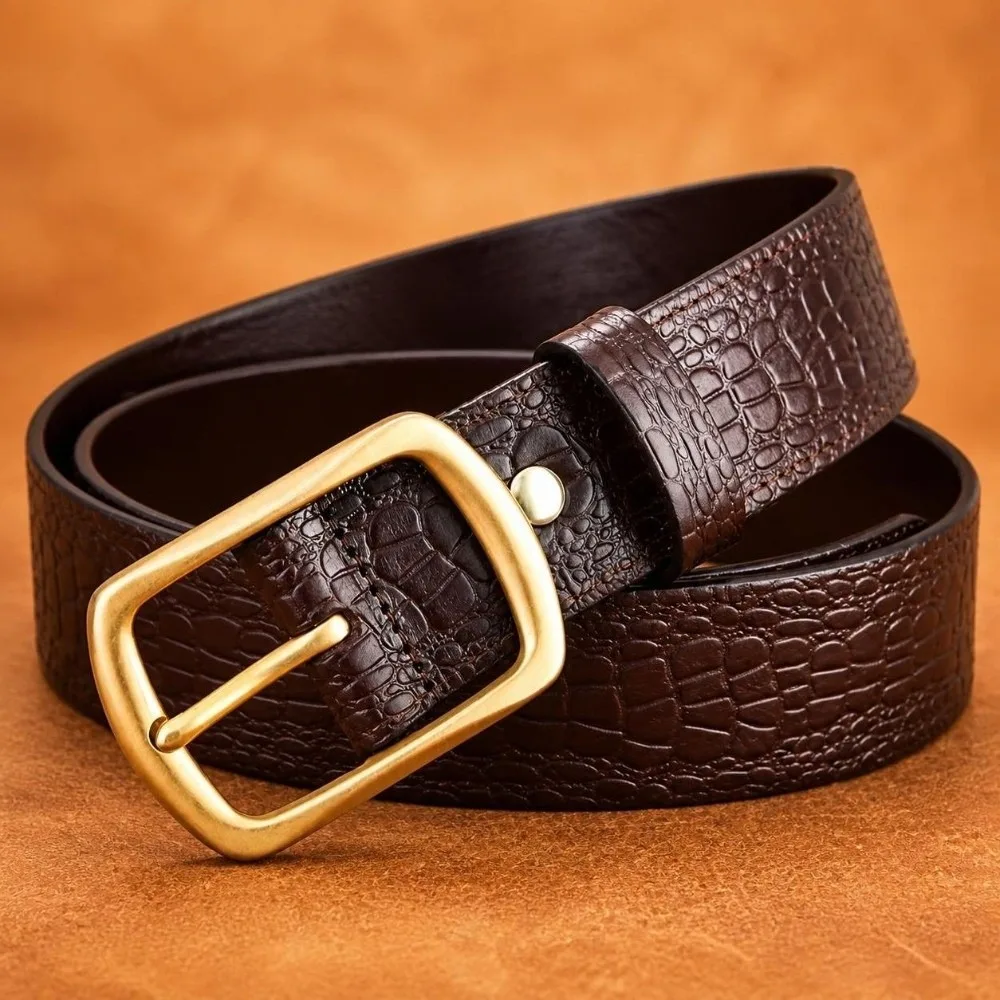 Embossed Texture Faux Leather Belt Durable Stitching Alloy Pin Buckle Crocodile Grain Belt Adjustable Casual Waist Strap For Men