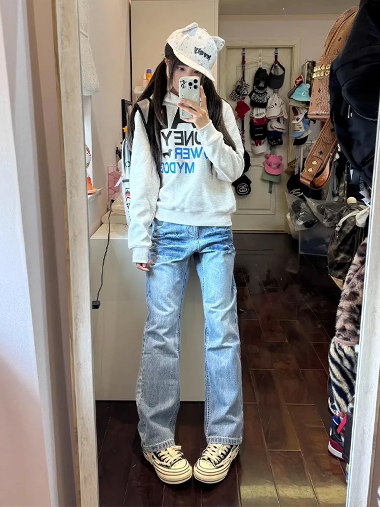 

Cleanfit Light Blue Waed Lightning Pattern Men's Jeans High Waist Straight Leg Casual High Street Sle Autumn Faion