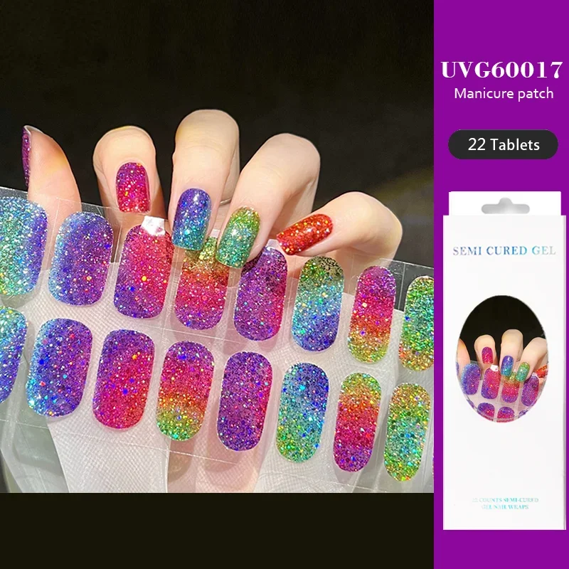 22 Tips UVG Series UV Semi-cured Gel Nail Stickers Waterproof Long Lasting Full Cover Nail Decals UV Lamp Required Nail Charms