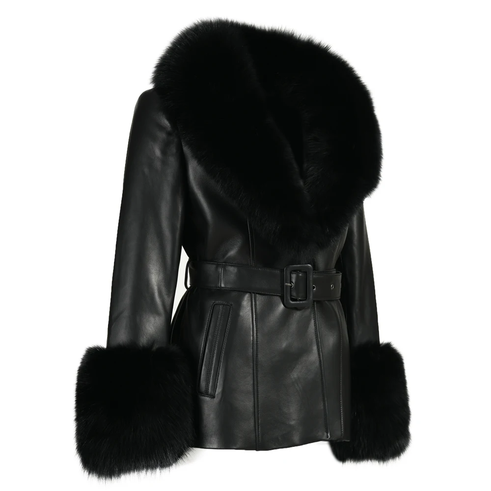 Jaxmonoy Trench da donna in vera pelle con collo in vera pelliccia di volpe cappotto da donna in pelle di pecora autunno inverno capispalla moda femminile