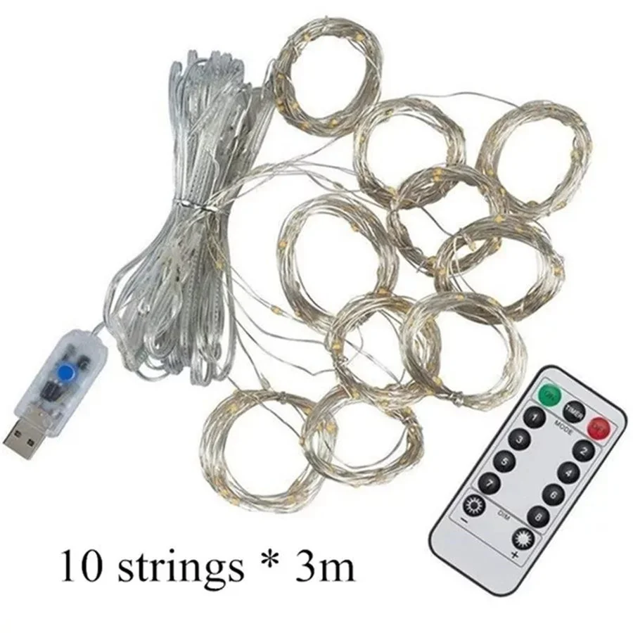 LED Fairy String Lights com controle remoto para decoração de casa, guirlanda USB, cortina, Natal, feriado, ano novo, quarto, janela, 3m x 2 m, 3m x 3m