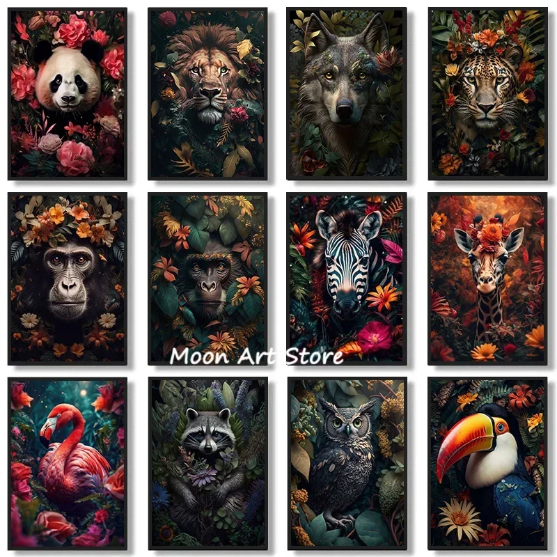 Abstract Animal Flower Poster Panda Giraffe Lion Leopard Canvas Painting HD Print Modern Wall Art Picture Living Room Home Decor