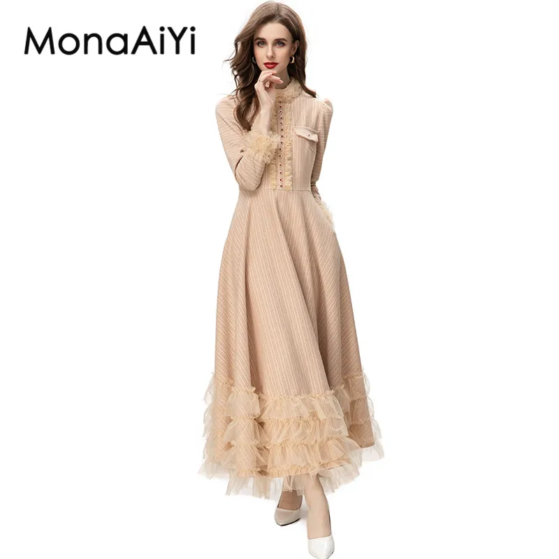 

MonaAiYi New Fashion Designer Dress Women's Turtleneck Long Sleeve Rhinestone Single Breasted Cascading Mesh Ruffle Khaki Dress