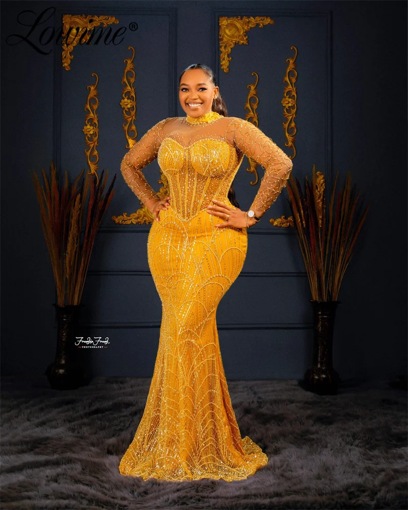 2024 Gold Mermaid Prom Dresses Heavy Beaded Long Sleeves Women Evening Gowns African Black Girl Celebrity Party Dress Customized