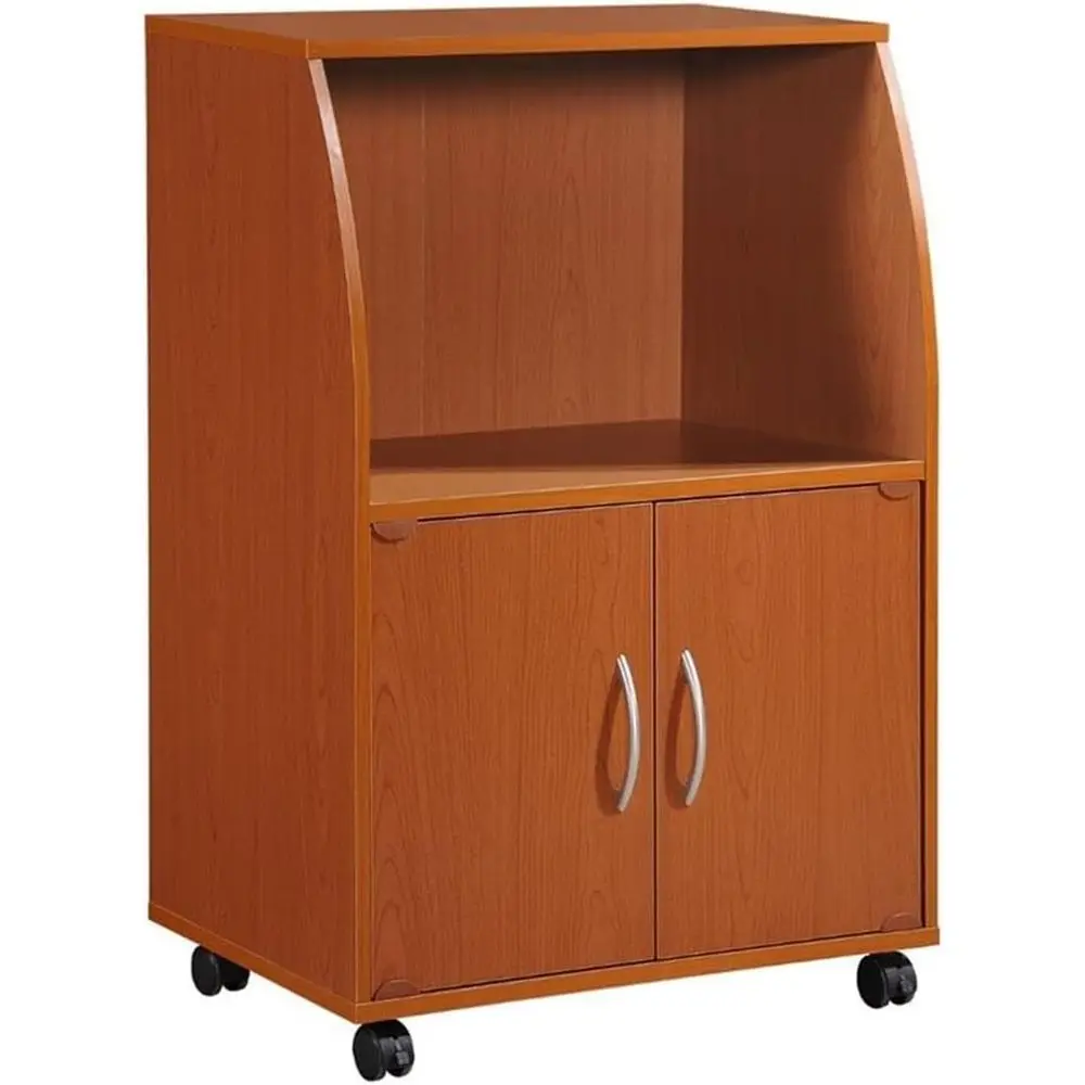 

Cherry-finished Microwave Cart, 33H x 22W x 15D, Wood Construction, Mobile with Wheels, Storage for Appliances, Ideal for Compac