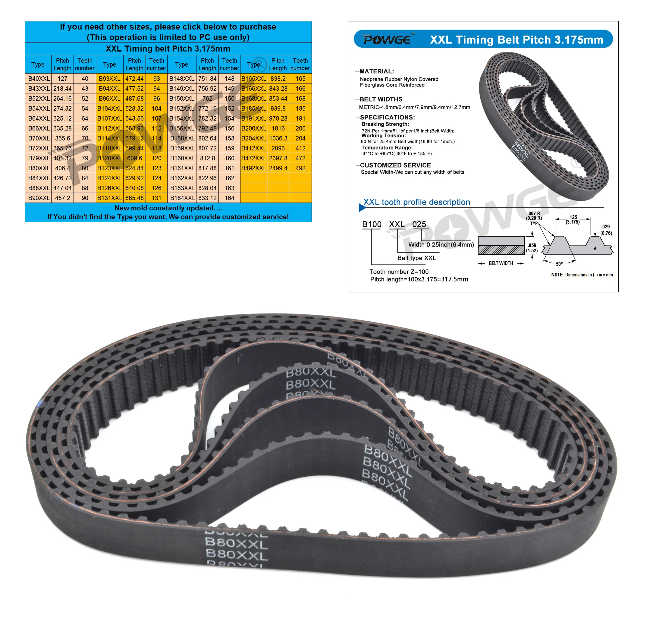 POWGE XXL Timing Belt B40XXL to B492XXL Belt Width 5-15mm B40 B43 B52 B54 B64 B66 B70 B72 B79 B80 B84 B88 B90 B93 B94 B96 B104