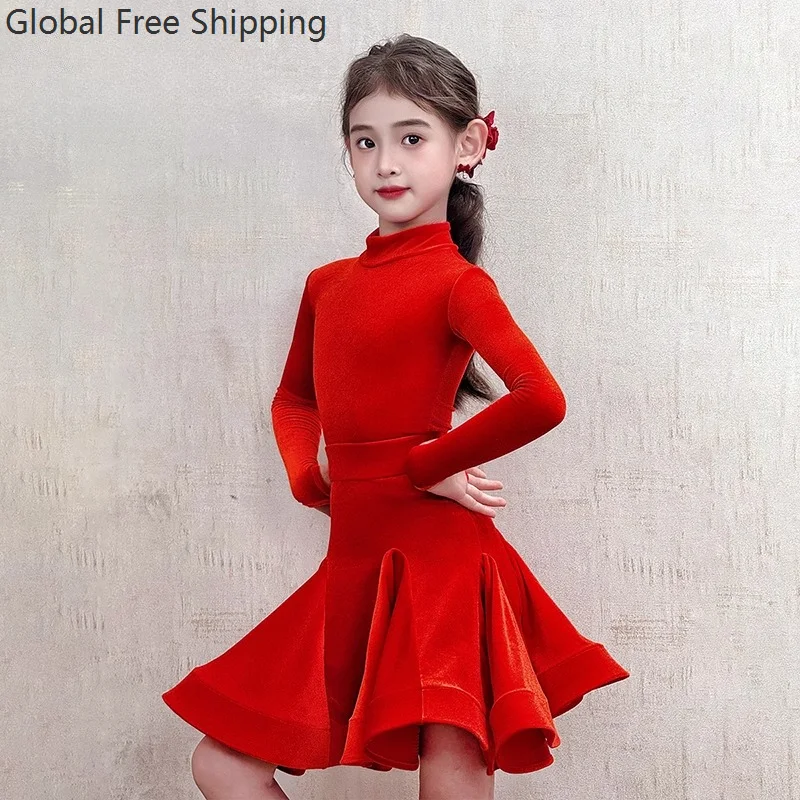 

2025 Children's Adult Latin Dance Competition Gown Velvet Long-sleeved Dress Red Pink Ensemble Cha-cha Practice Training Wear