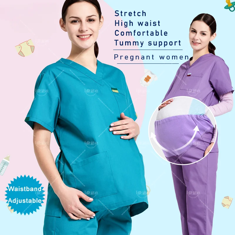 

ANNO Maternity Work wear Loose Pregnant Woman Nurse Uniforms Hospital Clothing Female Adjustable Waist Scrubs Set