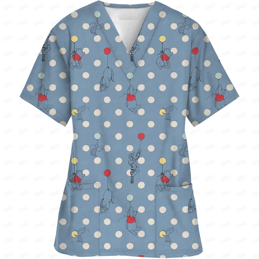 Disney Winnie the Pooh Medical Uniforms Nurse Accessories for Work Doctor's Surgical Scrub Cartoon Pattern Short Sleeved Shirt