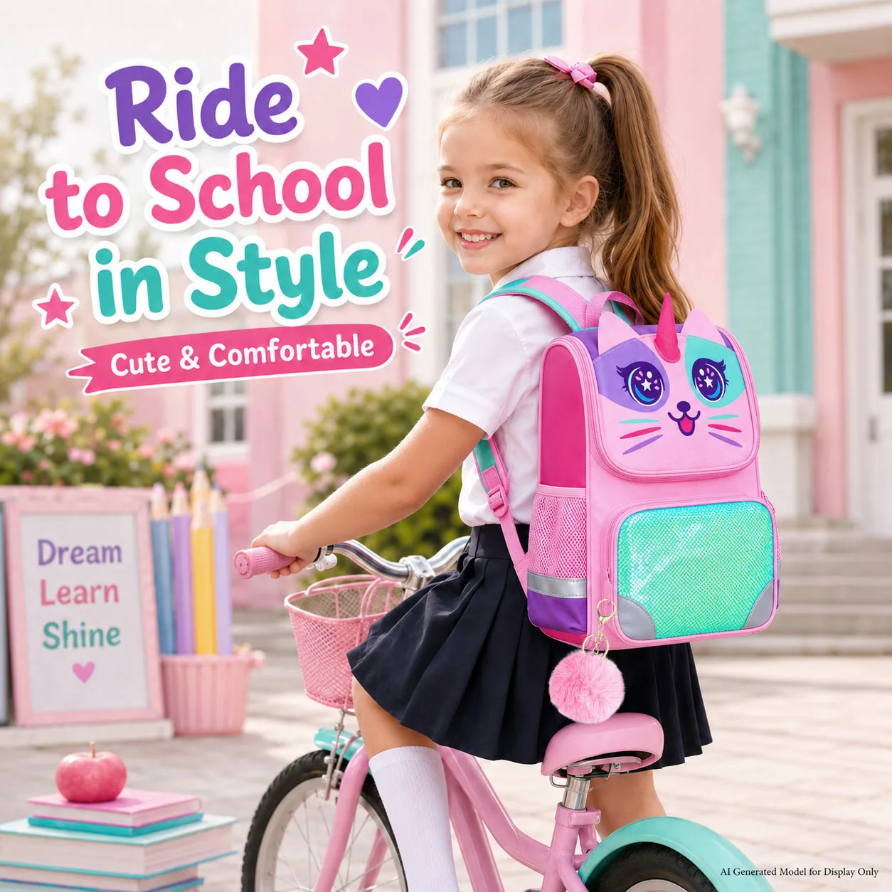 Kid's backpack 3PCS 15 Inch Hard Shell Set, Big Eyes Colorful Cat Print, One Backpack + One Handbag + One Pencil Case