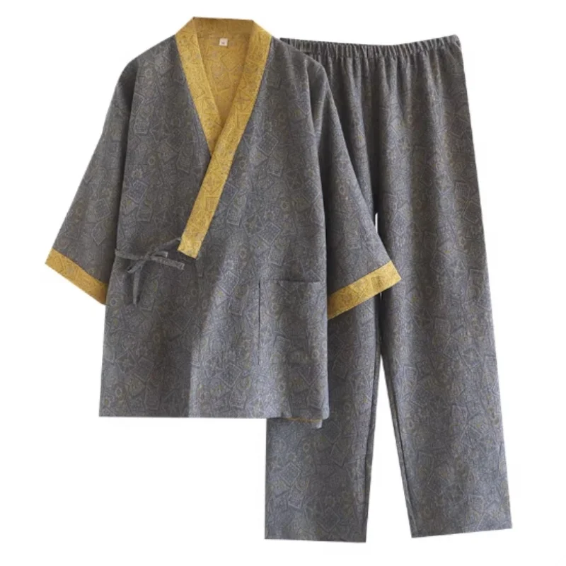 

Кимоно в японском стиле, комплект из 2 предметов, мужской пижамный комплект, одежда для сна из чистого хлопка, свободная повседневная пижама, домашняя одежда, мужская пижама с ретро-принтом