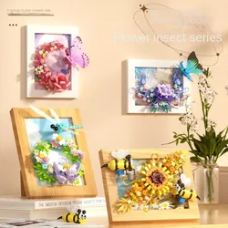 Sunflower butterfly bee bouquet picture frame building block assembly puzzle adult toy display refrigerator sticker