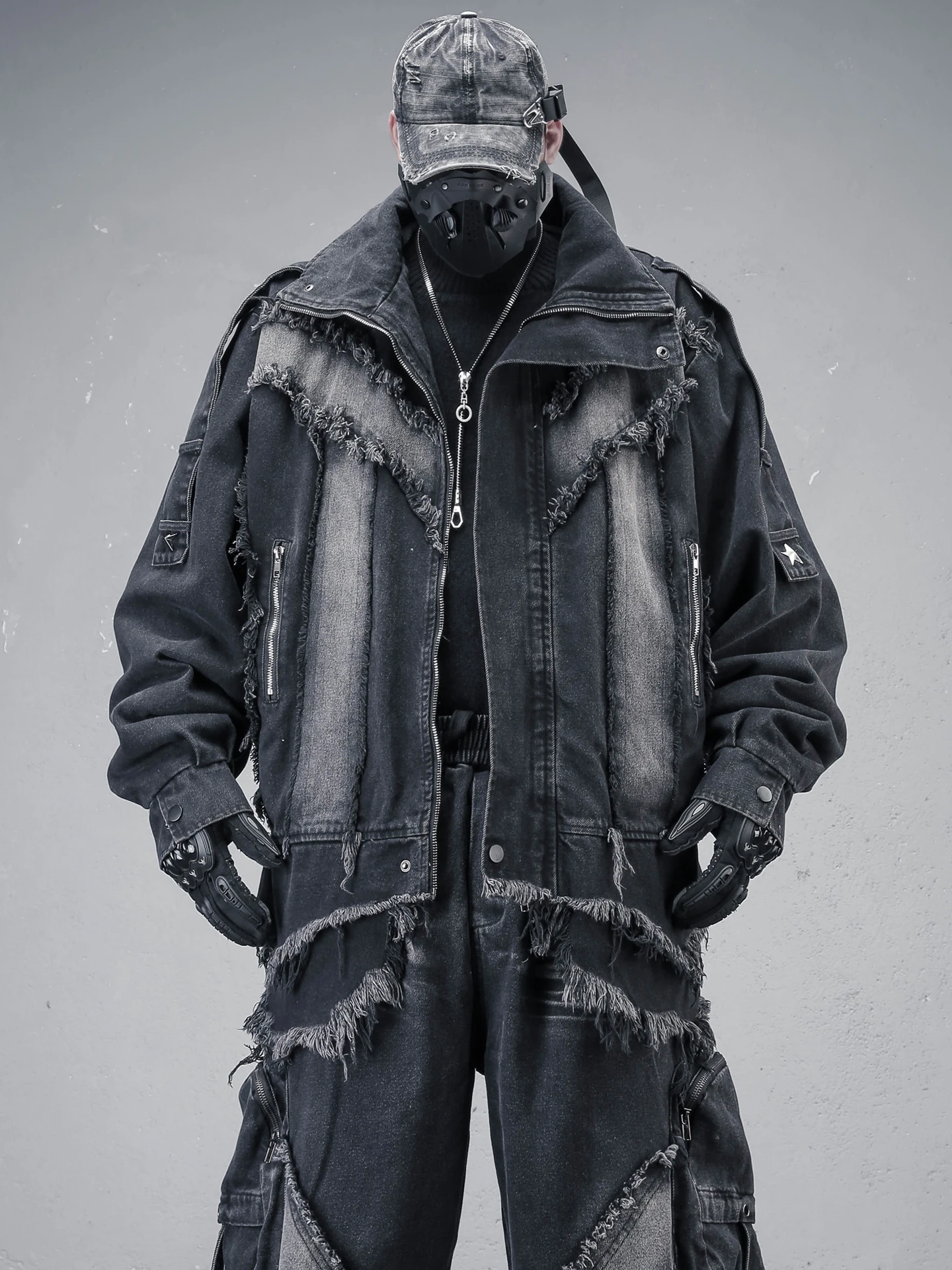Vintage Heavy-Duty Deconstructed Patchwork Frayed Denim Jacket Men's Winter Fleece-Lined Loose High Collar Reworn Medium-Length