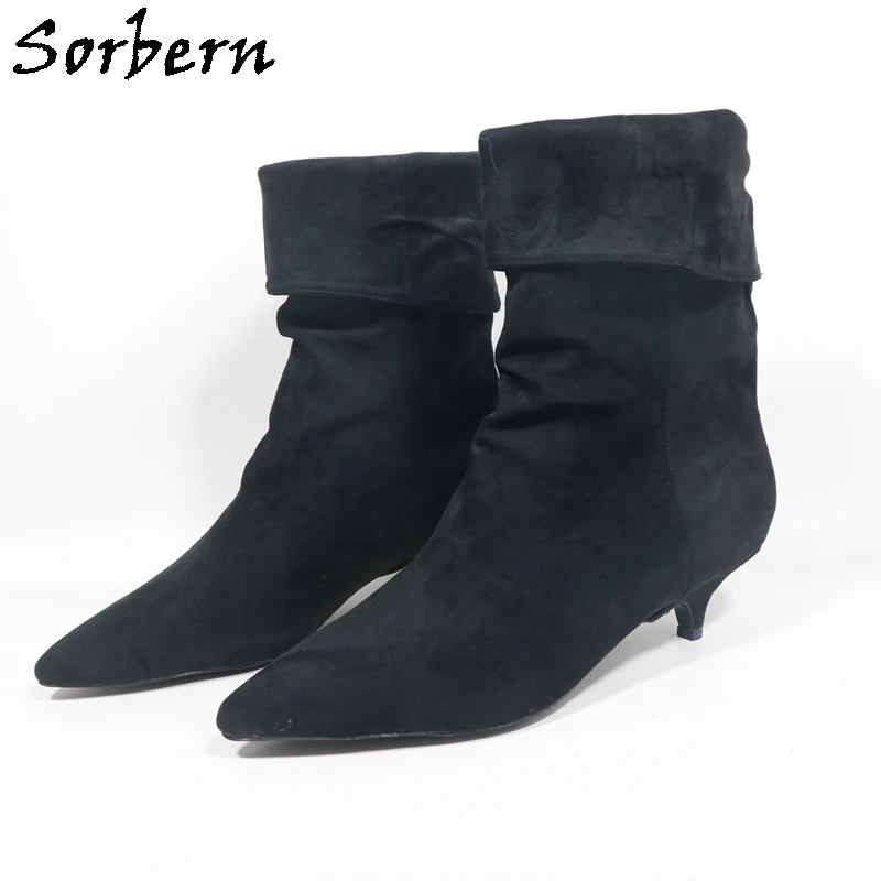 

Sorbern Черные женские ботильоны из искусственной замши с острым носком, короткие ботильоны без шнуровки на резиновой подошве на заказ, большие размеры