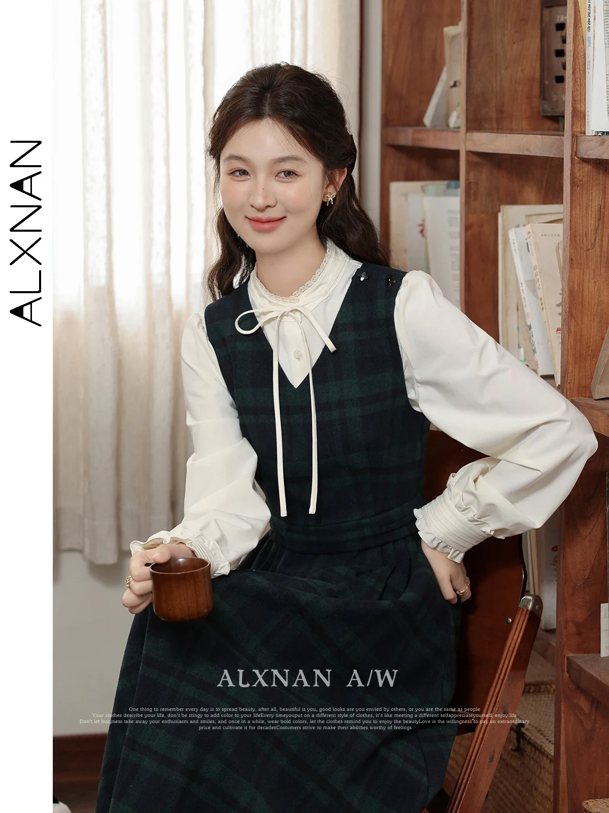 ALXNAN-Robe trapèze à carreaux verts français pour femme, robes mi-longues en fibre, col en V, précieux, vendu séparément, automne, hiver, LXN32315, 2024