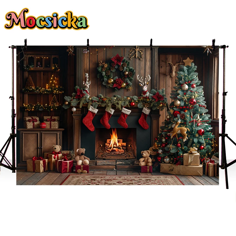 Mocsicka Santas Workshop Backdrops Kids Family Photography Fireplace Christmas Trees Wreath Red Socks Backgrounds