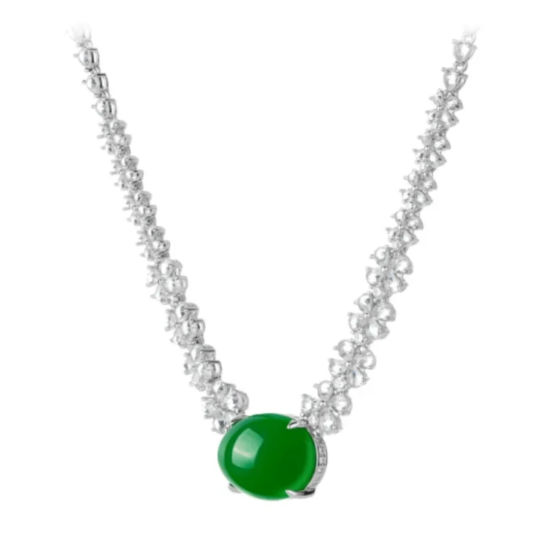 Bellux 925 Silver Synthetic Zircon Pendant Pigeon Egg Natural Chalcedony Green Four Claw Full Diamond Luxury Fashion Necklace